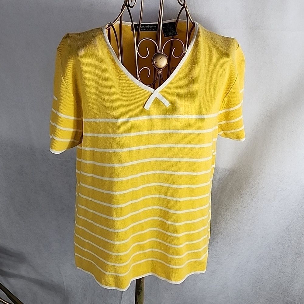 Vintage Yellow Striped Liz Claiborne Knit Short Sleeved Sweater Size M